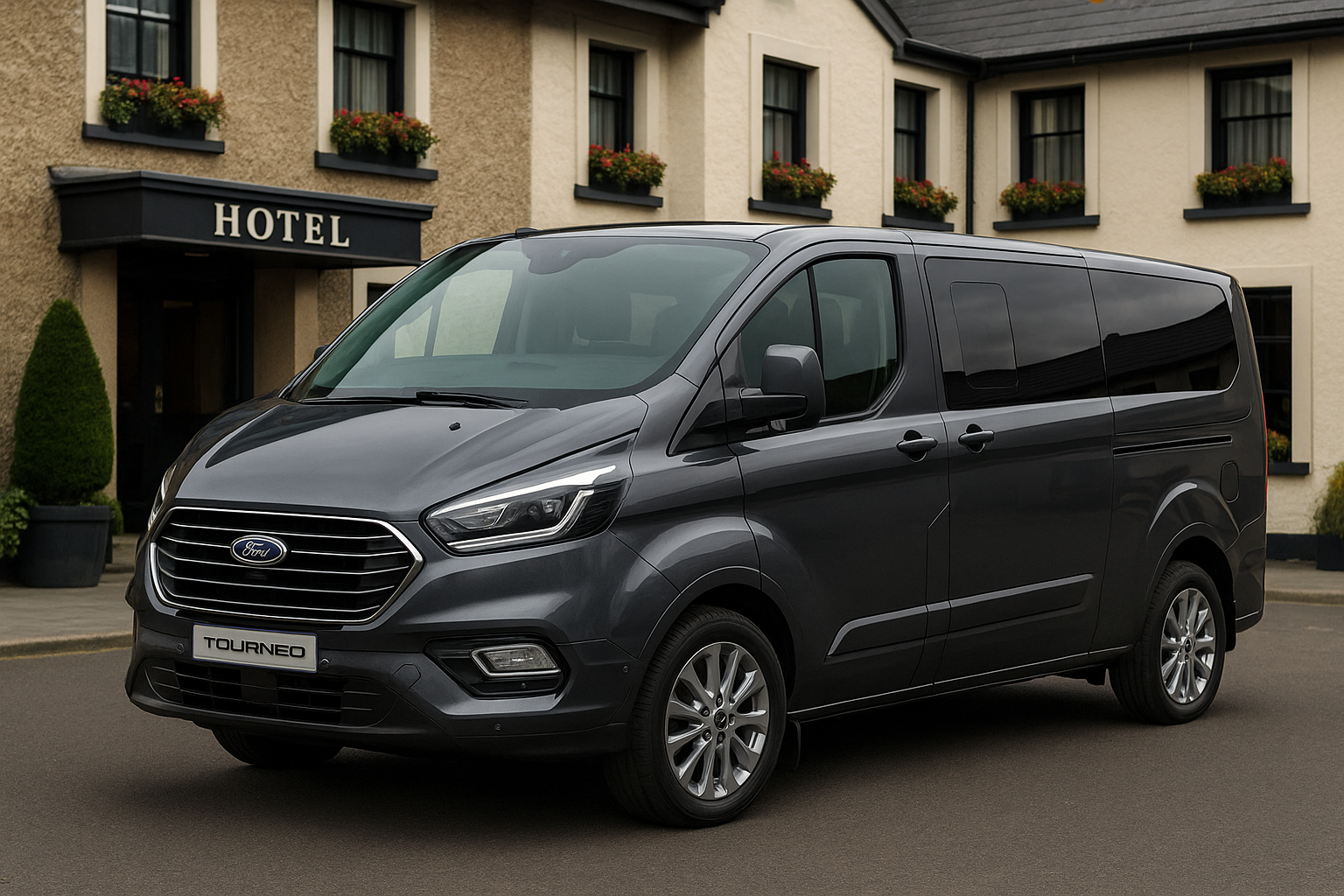 Gun metal grey Ford Tourneo outside hotel